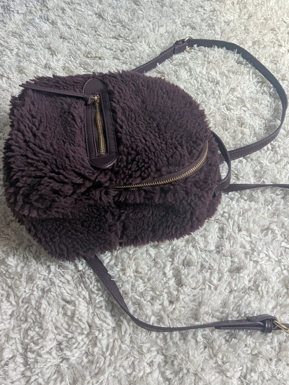 Express Plush Faux-Shearling Backpack in Dark Plum